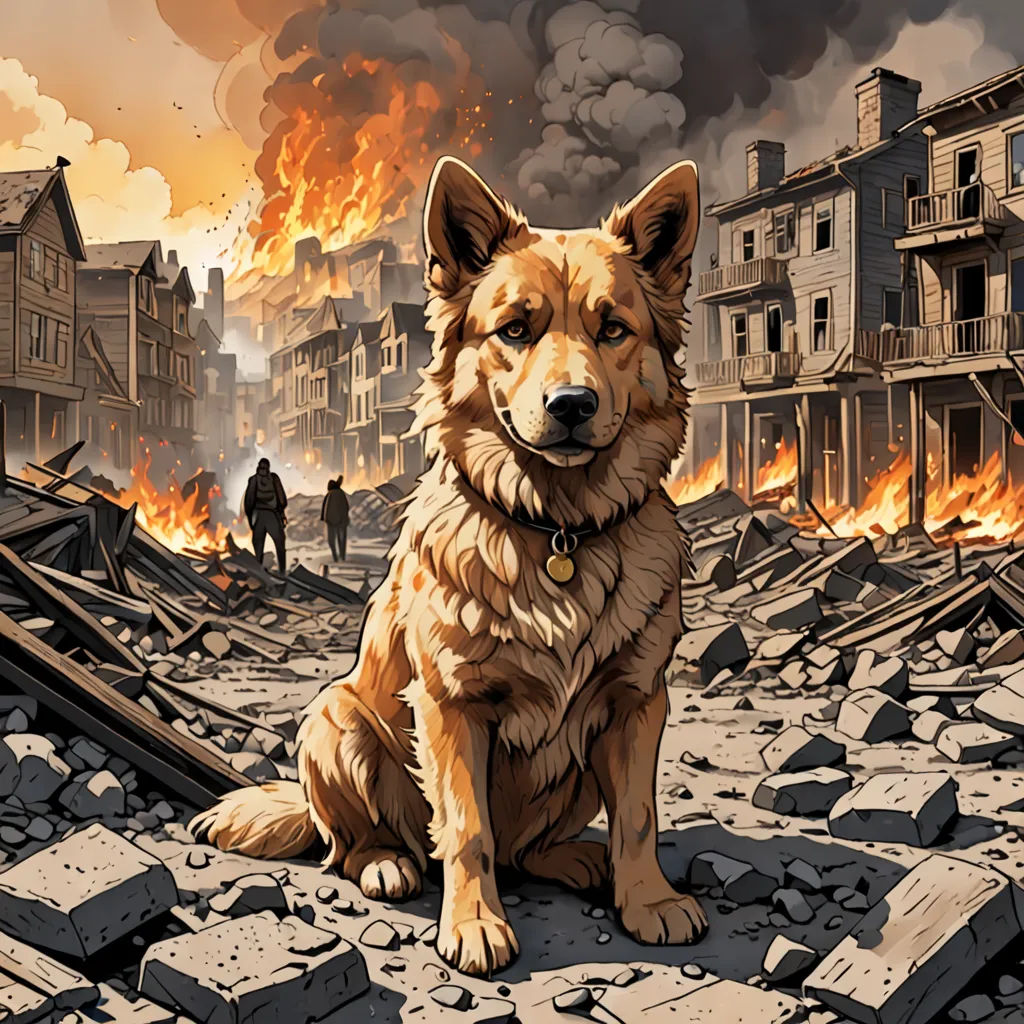 a dog sitting on a destroyed street with a fire in the background and a man walking by on the other side, furry art, a comic book panel, Dan Mumford, comic cover art
