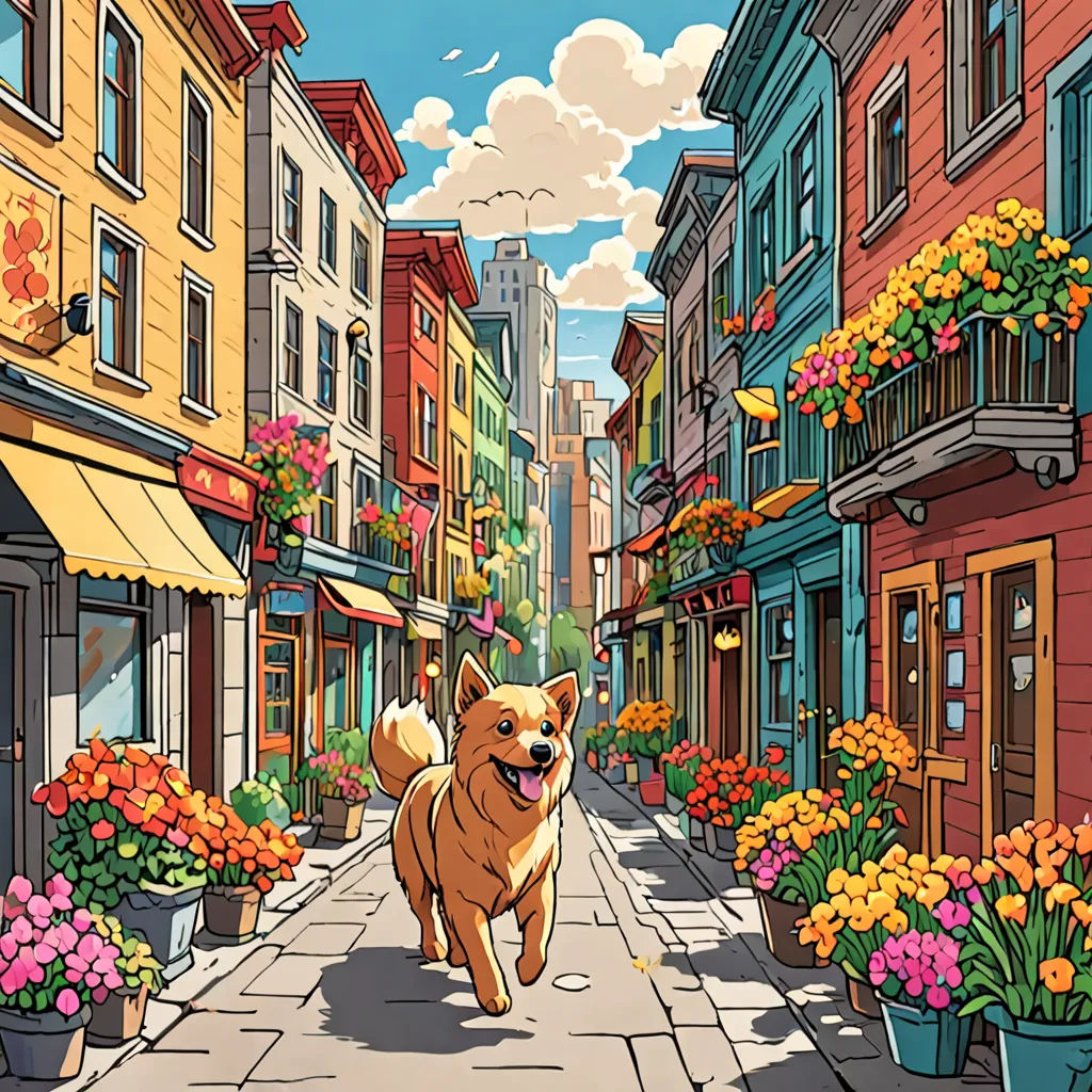 a dog is walking down a street in a city with flowers on the sidewalk and a building with a flower box on the sidewalk, furry art, a comic book panel, Chris LaBrooy, city background