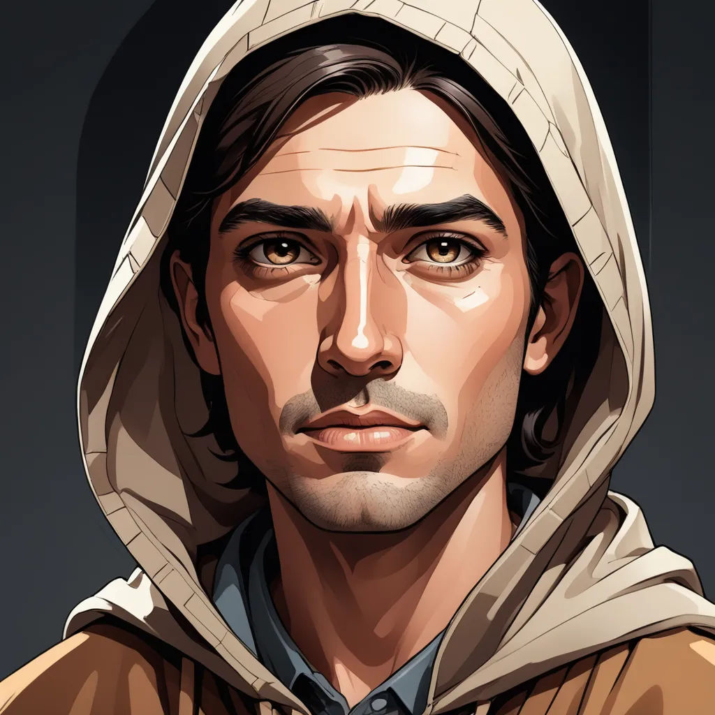 a man with a hoodie on and a hoodie on his head is looking at the camera and is staring, serial art, a character portrait, Cedric Seaut (Keos Masons), character portrait