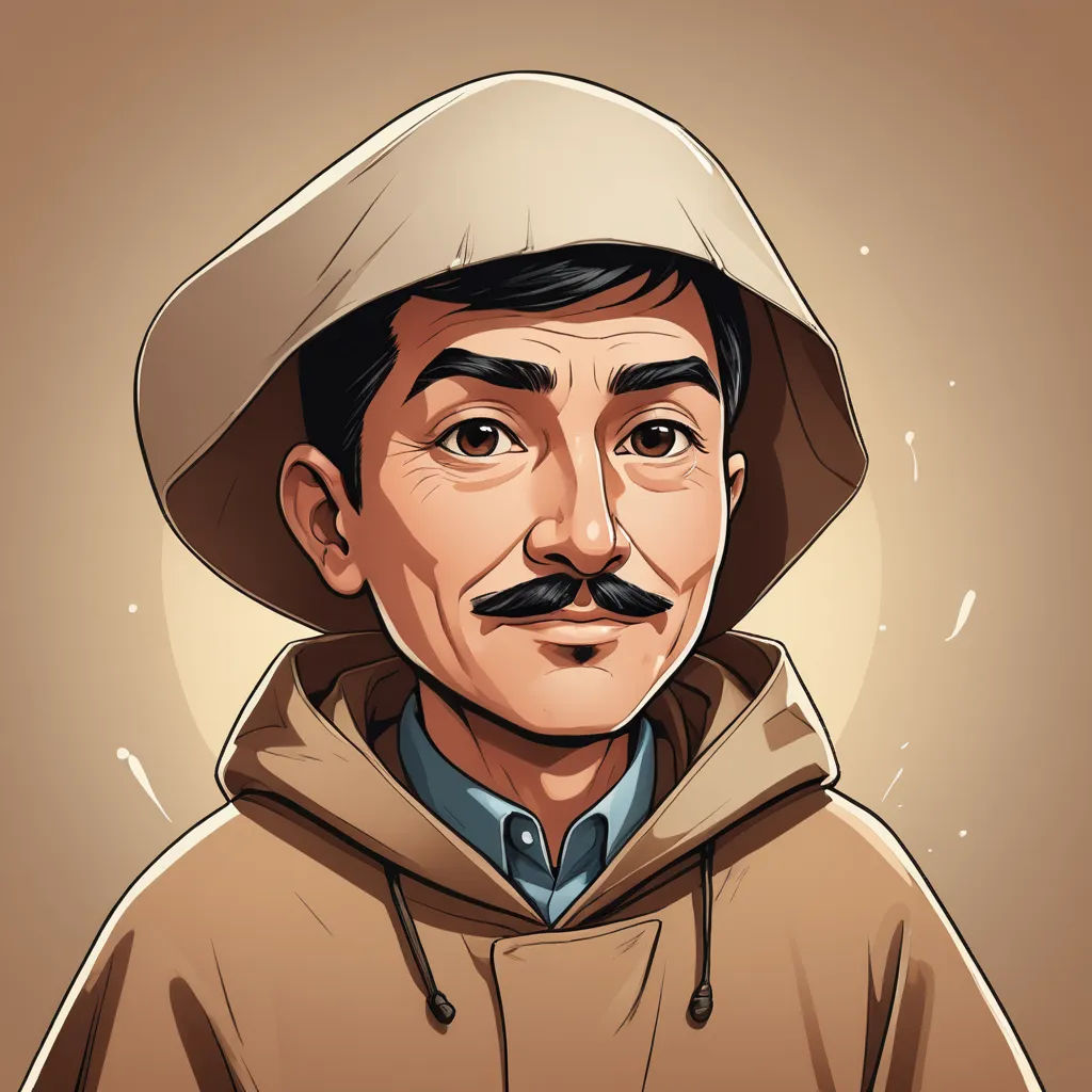 a cartoon of a man with a mustache and a hoodie on his head, wearing a hat and a jacket, serial art, a character portrait, Basuki Abdullah, character portrait