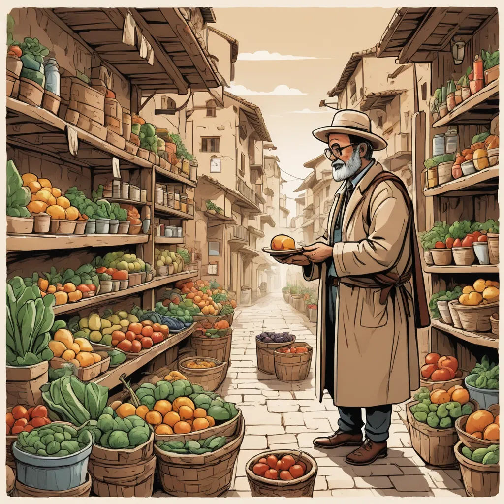a man standing in a market holding a basket of fruit and vegetables in front of a store filled with shelves of produce, synthetism, a storybook illustration, Dan Mumford, detailed illustration