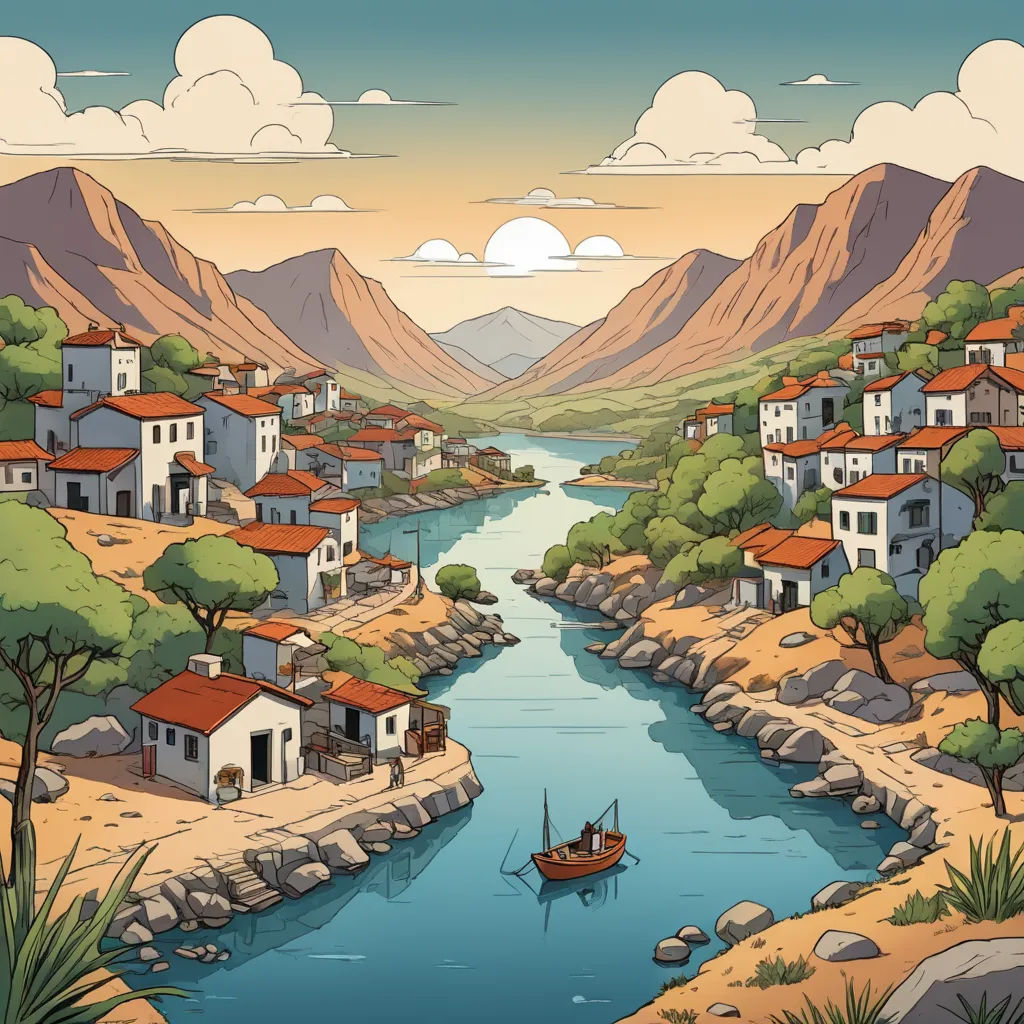a river runs through a small village with a boat in the water and mountains in the background, with a few clouds in the sky, regionalism, a storybook illustration, Asaf Hanuka, high detail illustration