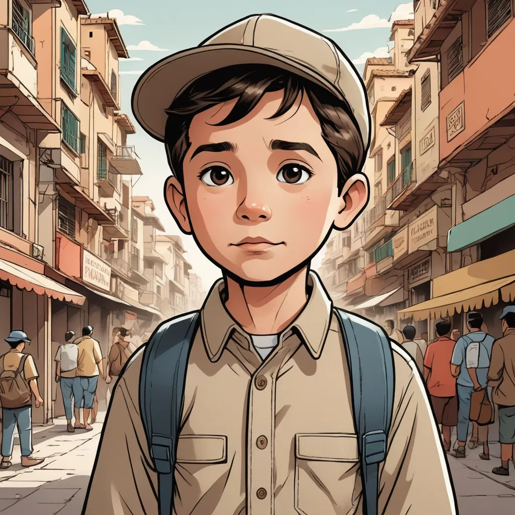 a boy with a hat and backpack standing in a street with people walking around him and buildings in the background, serial art, a comic book panel, Asaf Hanuka, graphic novel