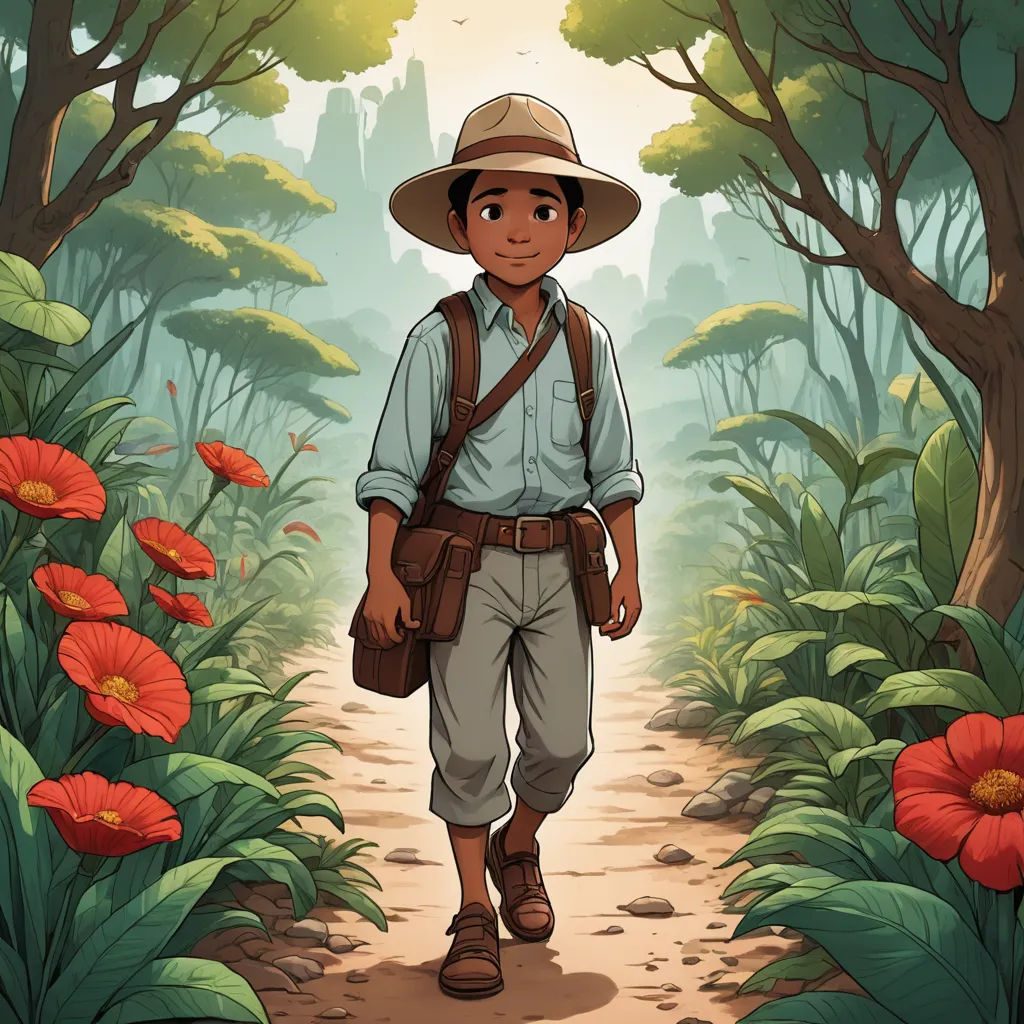 a man in a hat and backpack walking through a forest with red flowers on the ground and trees on the other side, serial art, a character portrait, Cliff Childs, comic cover art