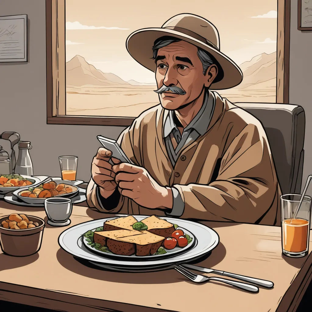 a man sitting at a table with a plate of food and a drink in front of him, looking at a cell phone, american realism, a character portrait, Amir Zand, solarpunk