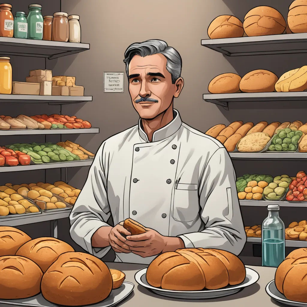 a man standing in front of a display of breads and pastries in a bakery shop with a bottle of water, socialist realism, a stock photo, Bourgeois, game art