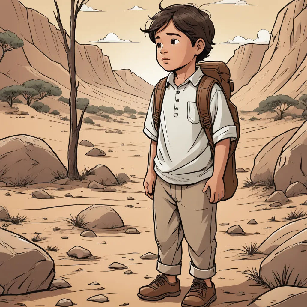 a boy with a backpack standing in the desert with a tree in the background and a mountain in the background, serial art, a character portrait, Asaf Hanuka, graphic novel