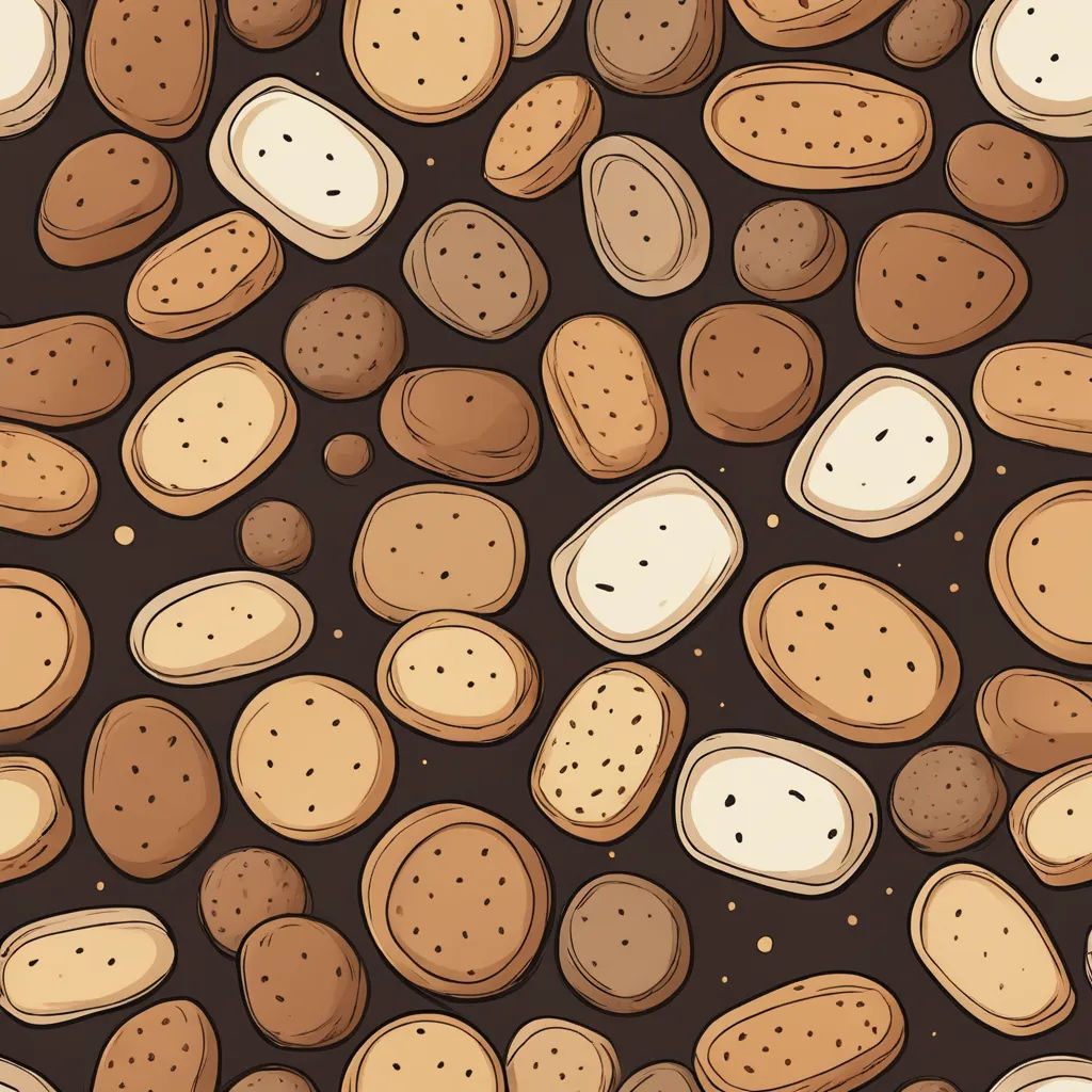 a bunch of breads that are on a table together and some breads on the ground in the middle, generative art, vector art, Chris LaBrooy, detailed illustration