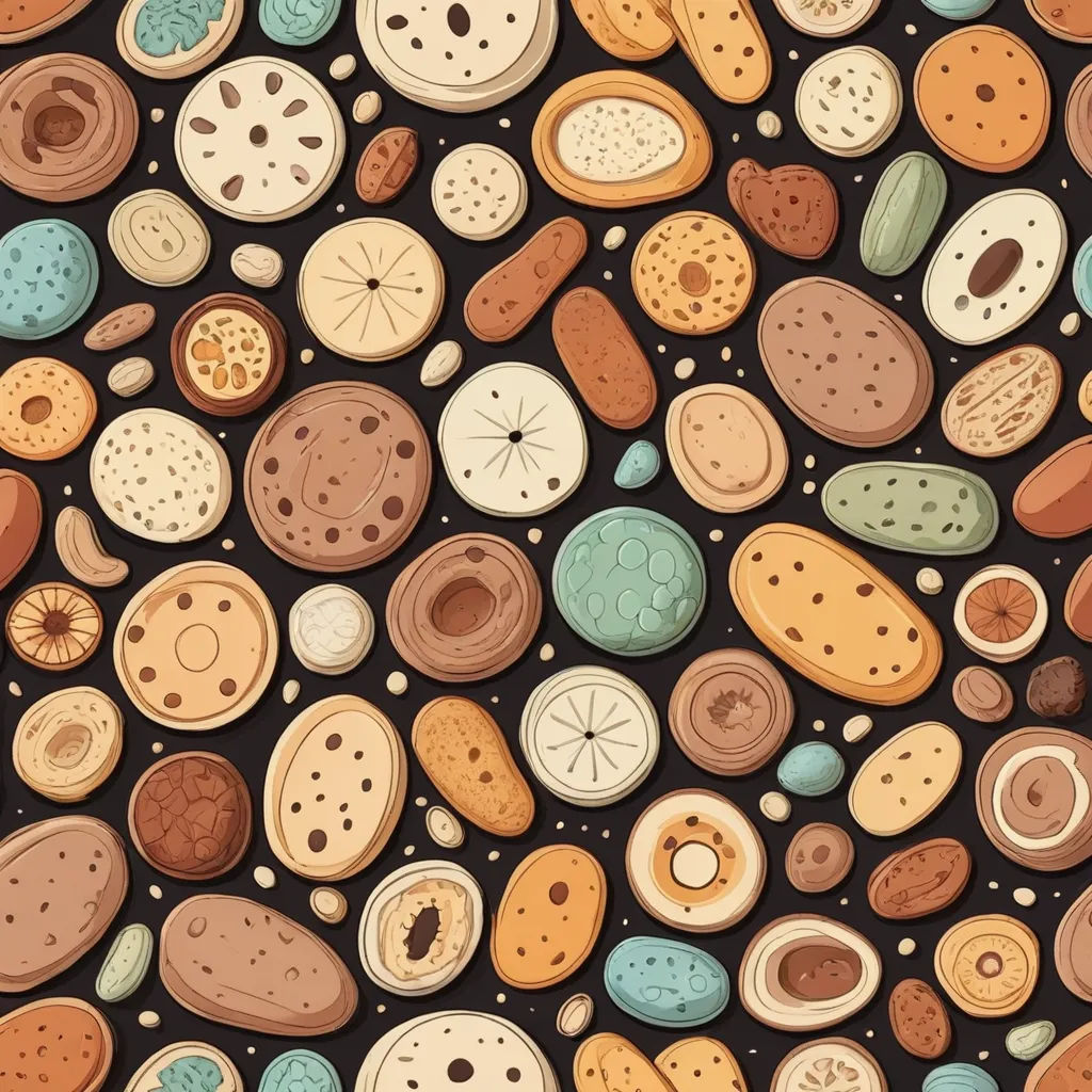a bunch of different types of cookies on a black background with dots and circles on it, all in different colors, generative art, a mosaic, Chris LaBrooy, detailed textures