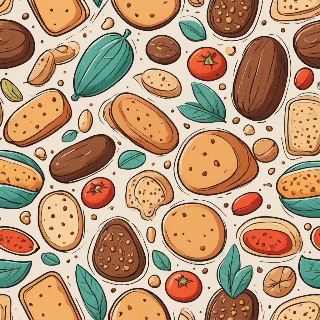 a bunch of different types of bread and nuts on a white background with leaves and dots on the bottom, folk art, a detailed drawing, Chris LaBrooy, detailed illustration