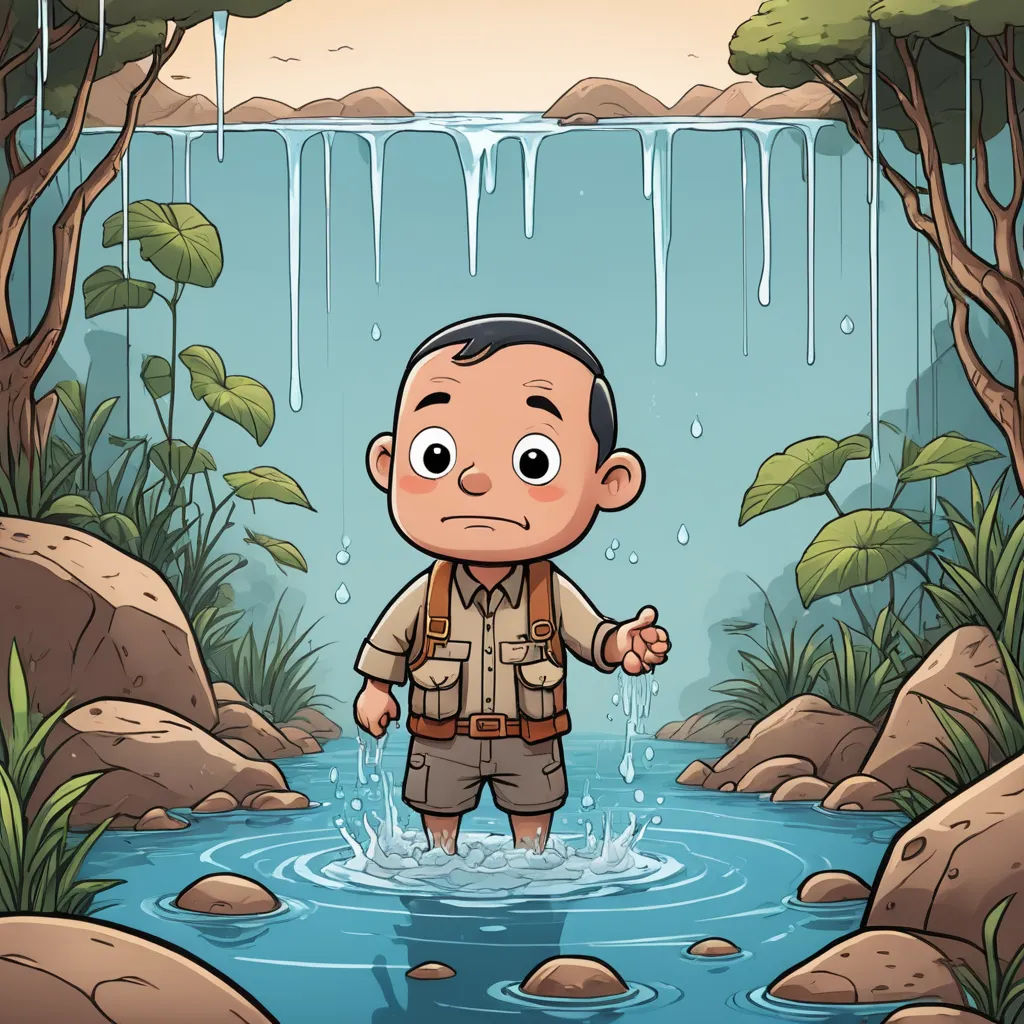 a cartoon character standing in a river with a waterfall in the background and a man in the middle of the water, environmental art, a storybook illustration, Diego Gisbert Llorens, storybook illustration