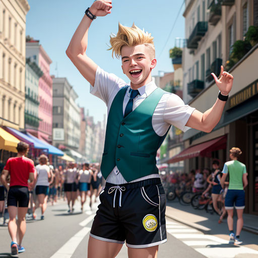 a man in a vest and tie is standing on a skateboard in the street with his arms up