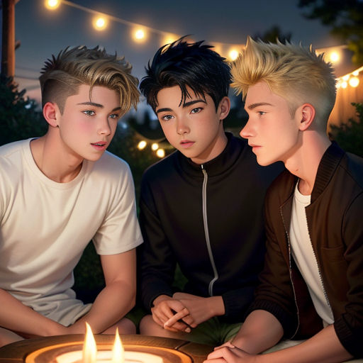 three young men sitting next to a lit candle on a table with a string of lights strung across it