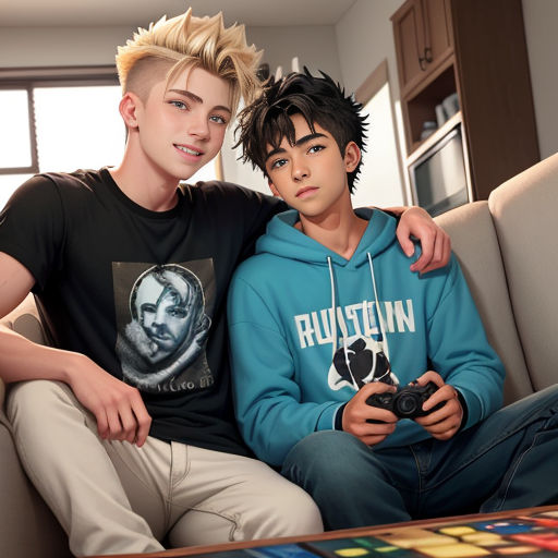 two boys sitting on a couch with a remote control in their hands and a table with a game controller in front of them