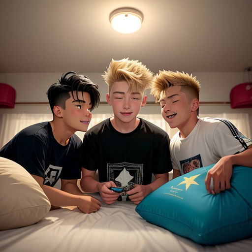three boys are playing a video game on a bed together, with a pillow on the floor and a pillow on the floor