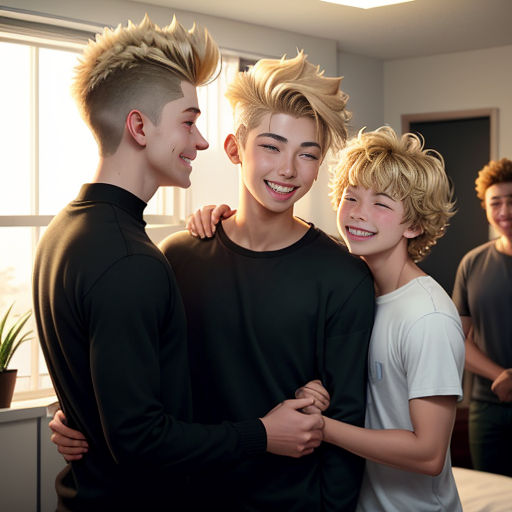 a group of people standing next to each other in a room with a window and a plant in the corner