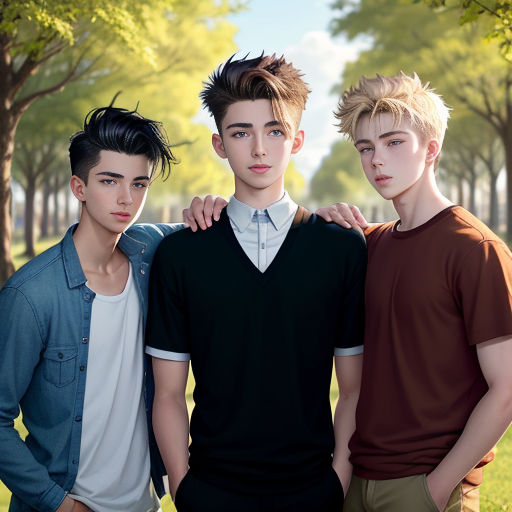three young men standing next to each other in a park with trees in the background and grass in the foreground