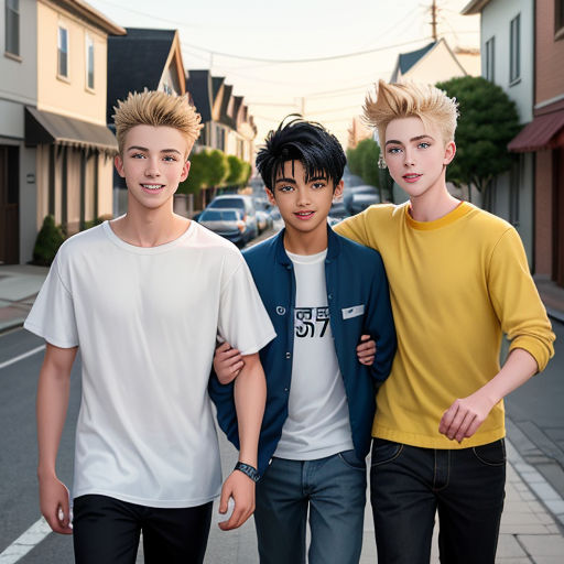 three young men standing next to each other on a street corner with houses in the background and a car parked on the side of the road
