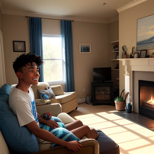 a boy sitting on a chair in front of a fire place in a living room with a fireplace and a television