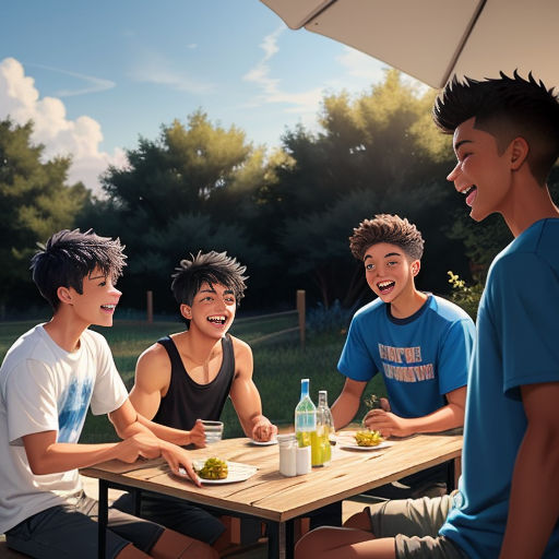 a group of young men sitting at a table eating food together outside in the sun with an umbrella over them