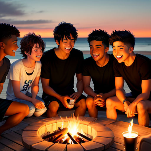 a group of young men sitting around a fire pit on a beach at sunset with a lit candle in the middle