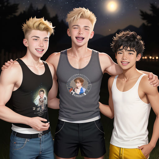 three young men standing next to each other in front of a night sky with stars and a full moon