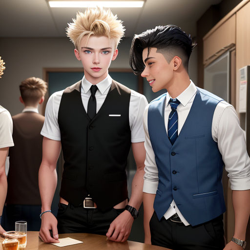 three young men standing around a table with drinks in front of them and a woman in the background looking at the camera