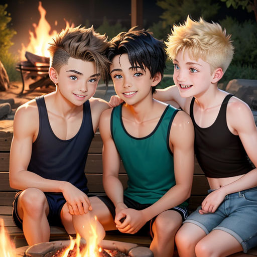 three boys sitting next to each other on a bench near a fire pit with a fire in it and a fire pit in the background