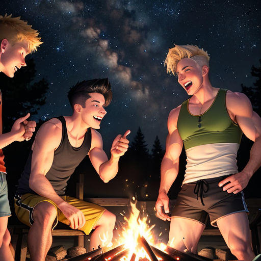 three men sitting around a campfire with a sky background and stars in the sky above them, and a night sky with stars and stars