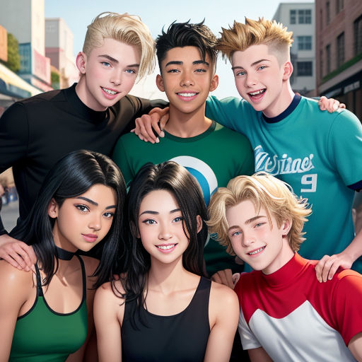 a group of young people standing next to each other in front of a building with a city background and a street sign
