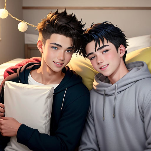 two young men are posing for a picture together on a bed with a christmas light strung above them and a bed with a yellow blanket