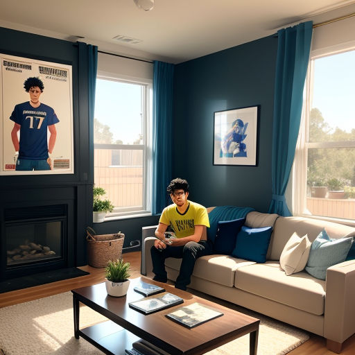 a man sitting on a couch in a living room with a poster of a football player on the wall