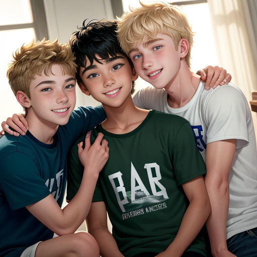 three boys are sitting together and posing for a picture together, one boy is hugging the other boy's shoulder