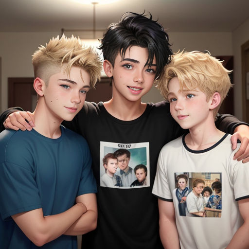 three boys are posing for a picture together in a room with a light fixture overhead and a picture of them