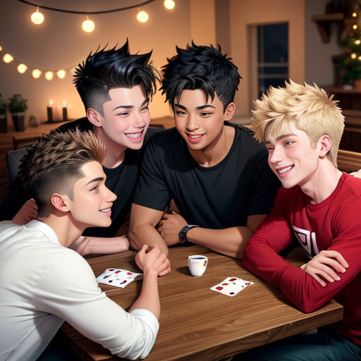 a group of young men sitting around a table playing cards together with one another and smiling at the camera