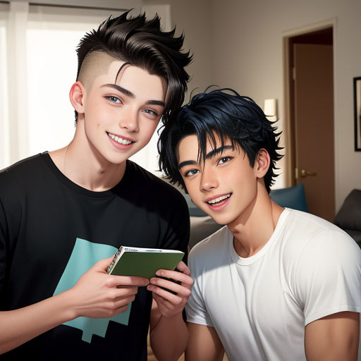 two young men standing next to each other in a room with a bed and a window in the background
