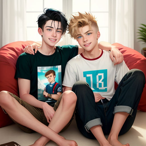 two boys sitting on a couch with their arms around each other, one of them is holding a picture of himself