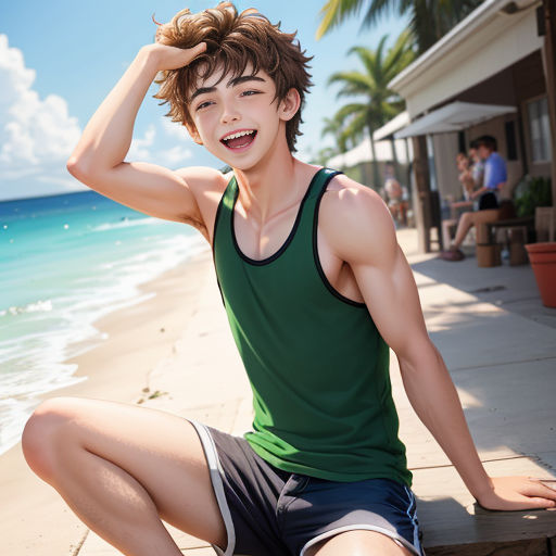 a man sitting on a ledge next to the ocean smiling at the camera with his hands on his head
