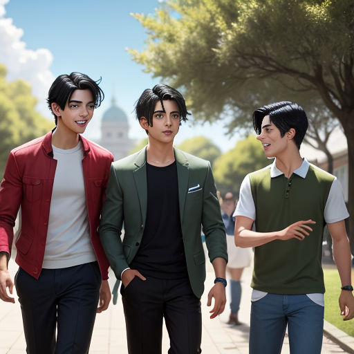 three young men walking down a sidewalk next to each other in a park with trees and buildings in the background