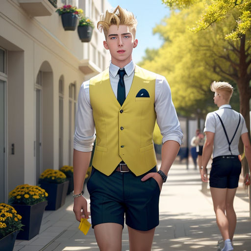 a man in a yellow vest and tie walking down a street with a man in a white shirt and tie