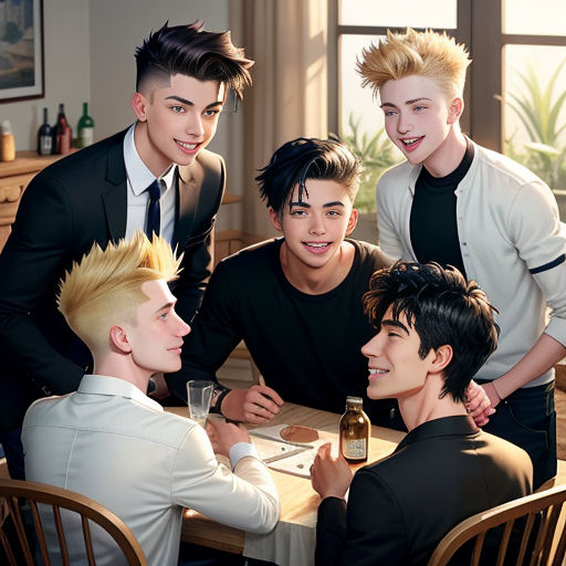a group of young men sitting around a table together with drinks in hand and one man with a mohawk