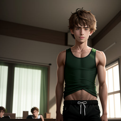 a man in a green tank top standing in a room with a woman in the background looking at him