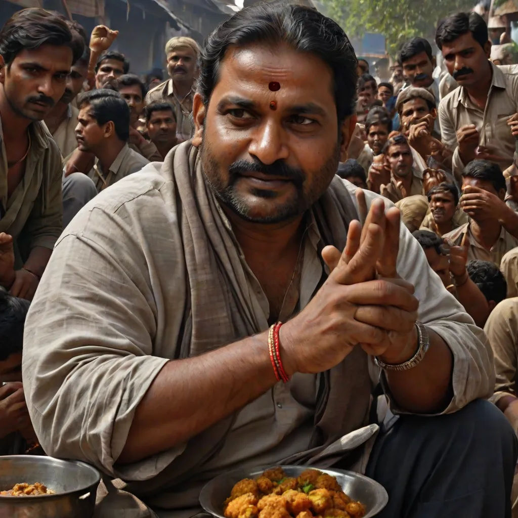 a man sitting in front of a plate of food with a lot of people around him and a man holding a fork, samikshavad, a character portrait, Bholekar Srihari, movie still frame