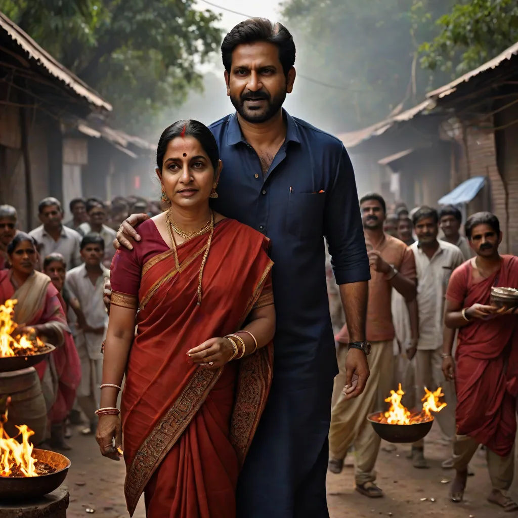a man and woman standing in front of a fire pit with people watching them from the sidelines of the street, samikshavad, a poster, Ella Guru, movie still