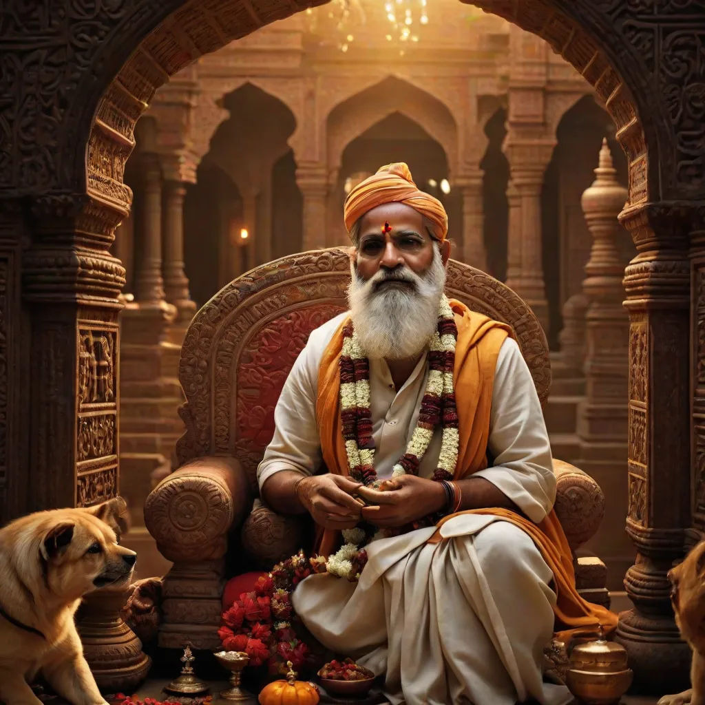 a man sitting on a chair with a dog in front of him and a chandelier hanging from the ceiling, samikshavad, a photorealistic painting, Bholekar Srihari, cinematic photography