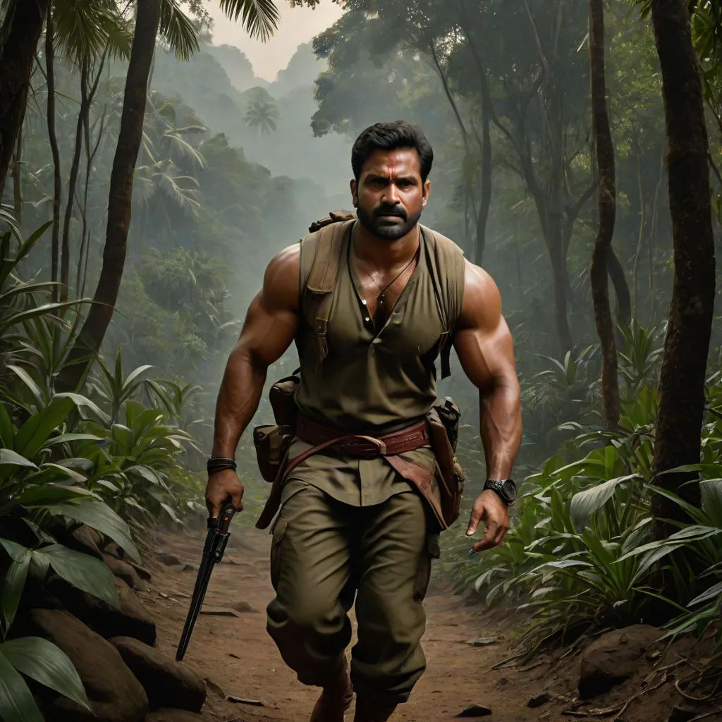 a man in a jungle with a gun in his hand and a jungle background with trees and bushes and rocks, samikshavad, poster art, Bholekar Srihari, vfx