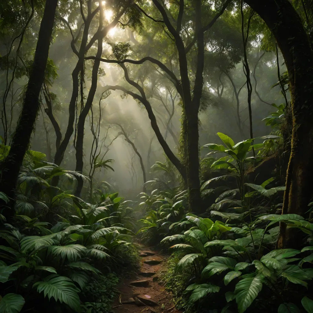 a path in a forest with lots of trees and plants on both sides of it and a sunbeam in the distance, naturalism, a matte painting, David Martin, forest