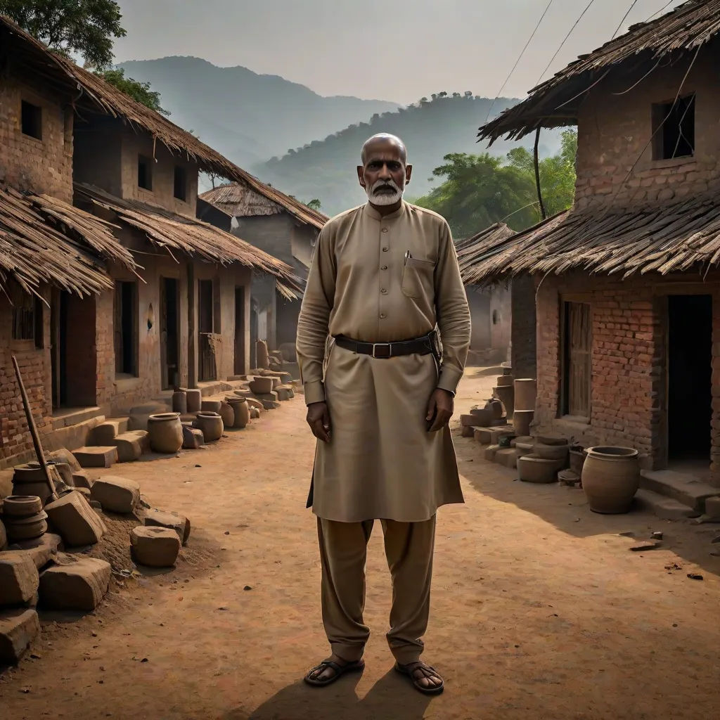 a man standing in a village with a mountain in the background and a village in the foreground with clay pots on the ground, samikshavad, a character portrait, Bholekar Srihari, award - winning photography