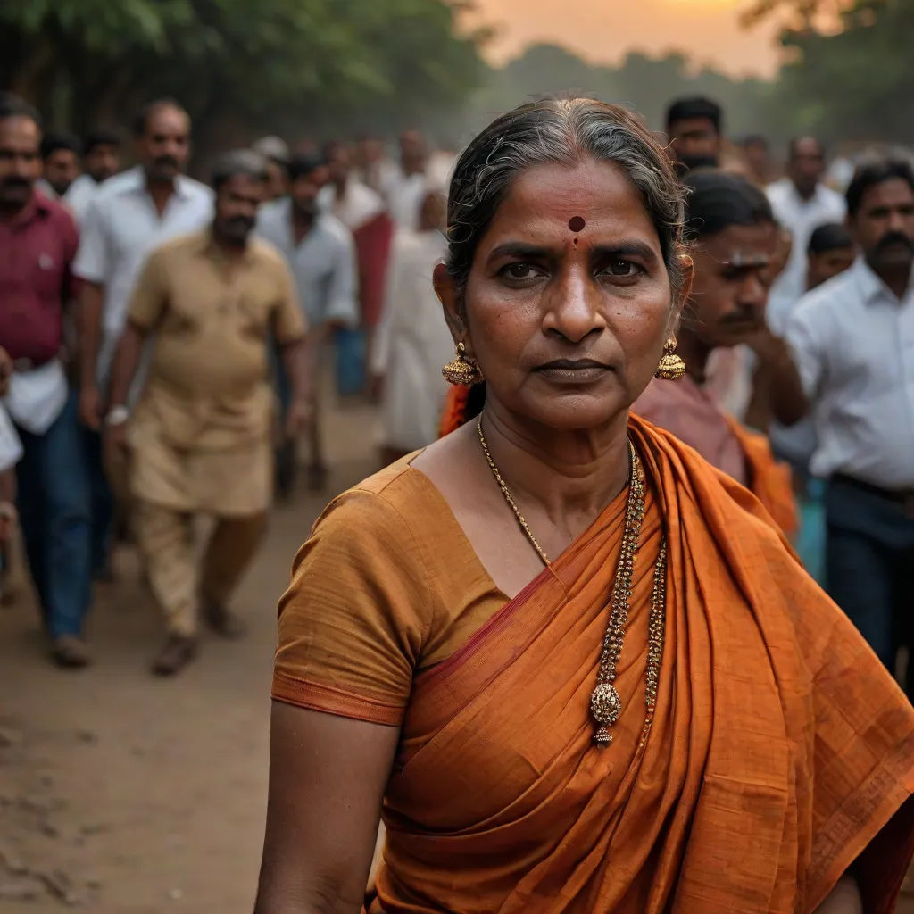 a woman in a sari is walking down the street with people behind her and a sunset in the background, samikshavad, a character portrait, Ella Guru, movie still frame