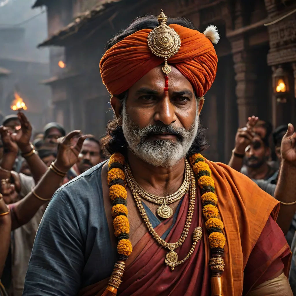 a man in a turban and orange outfit with a beard and a beard ring in front of a crowd of people, samikshavad, poster art, Bholekar Srihari, movie still